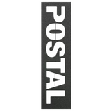 Black skateboard grip tape with bold white Postal logo, durable tear-proof design, bubble-free application, waterproof, perfect for pro and beginner skaters.