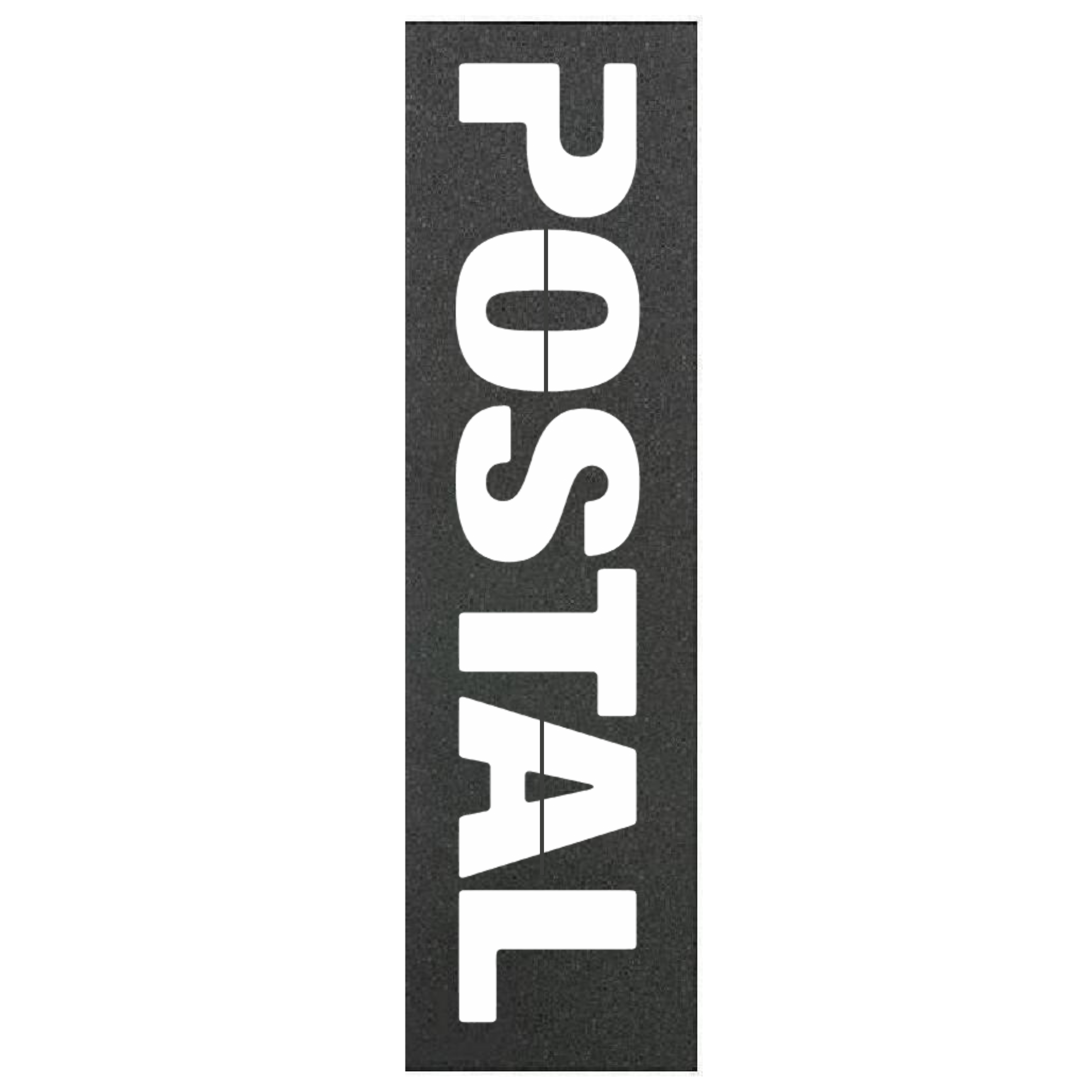 Black skateboard grip tape with bold white Postal logo, durable tear-proof design, bubble-free application, waterproof, perfect for pro and beginner skaters.