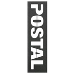 Black skateboard grip tape with bold white Postal logo, durable tear-proof design, bubble-free application, waterproof, perfect for pro and beginner skaters.