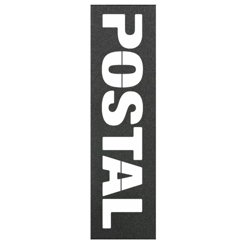 Black skateboard grip tape with bold white Postal logo, durable tear-proof design, bubble-free application, waterproof, perfect for pro and beginner skaters.
