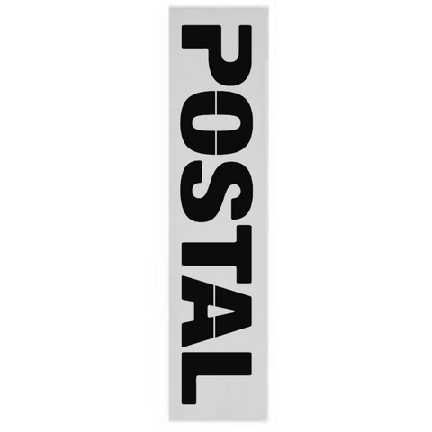 Black skateboard grip tape with bold white Postal logo, durable tear-proof design, bubble-free application, waterproof, perfect for pro and beginner skaters.