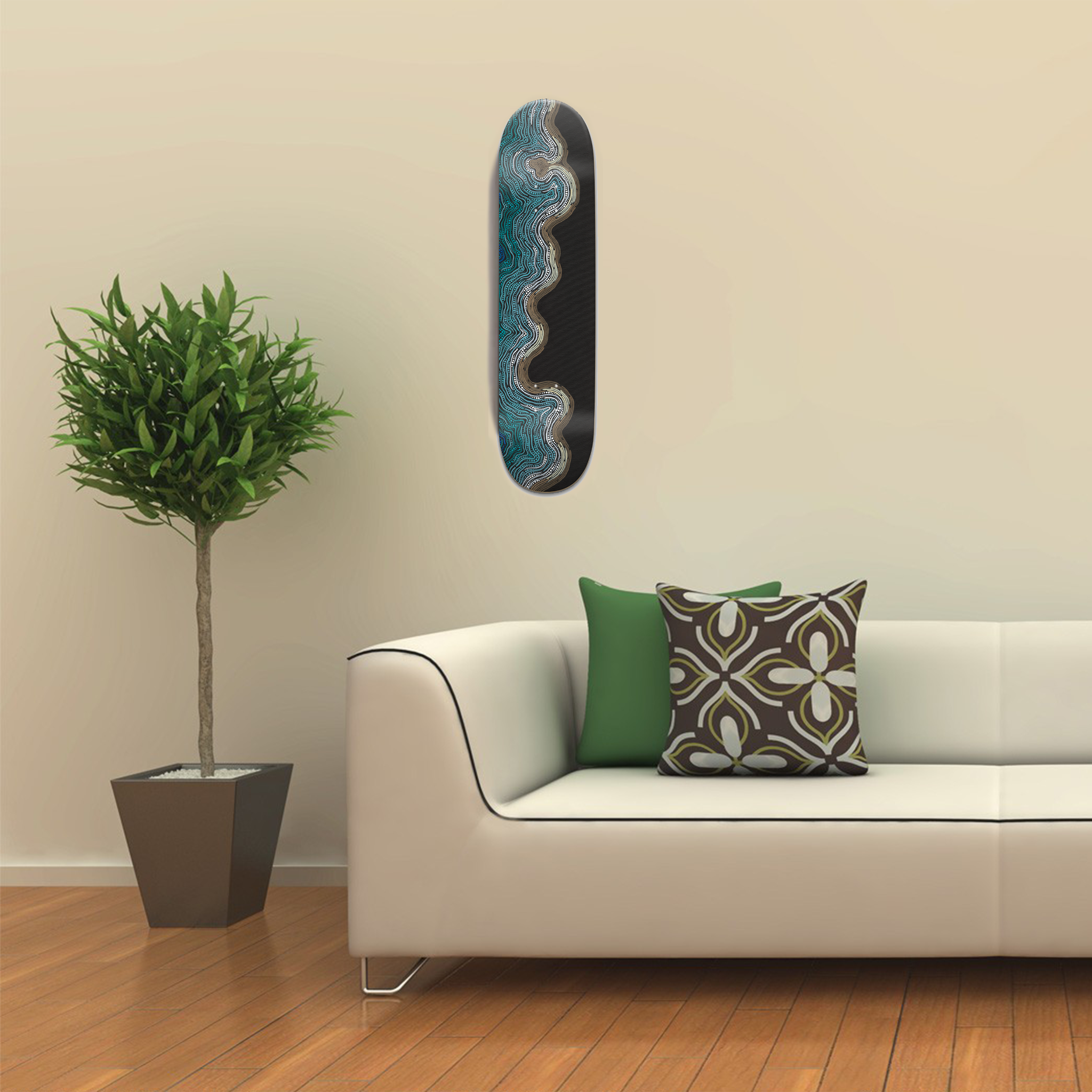 Baynyi Deck from Burruguu Art and Postal Skateboards collective collaboration hanging in a lounge room 